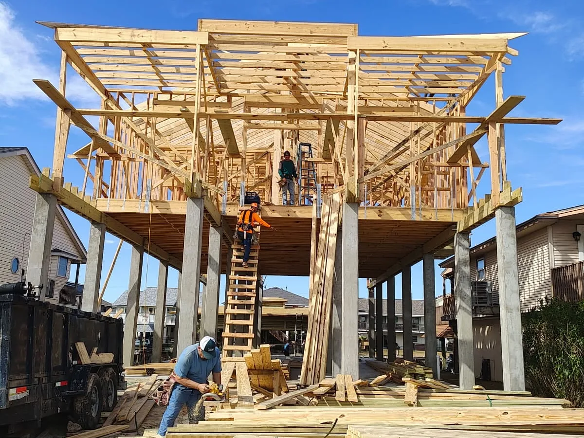 Elevated home framing set on concrete pilings